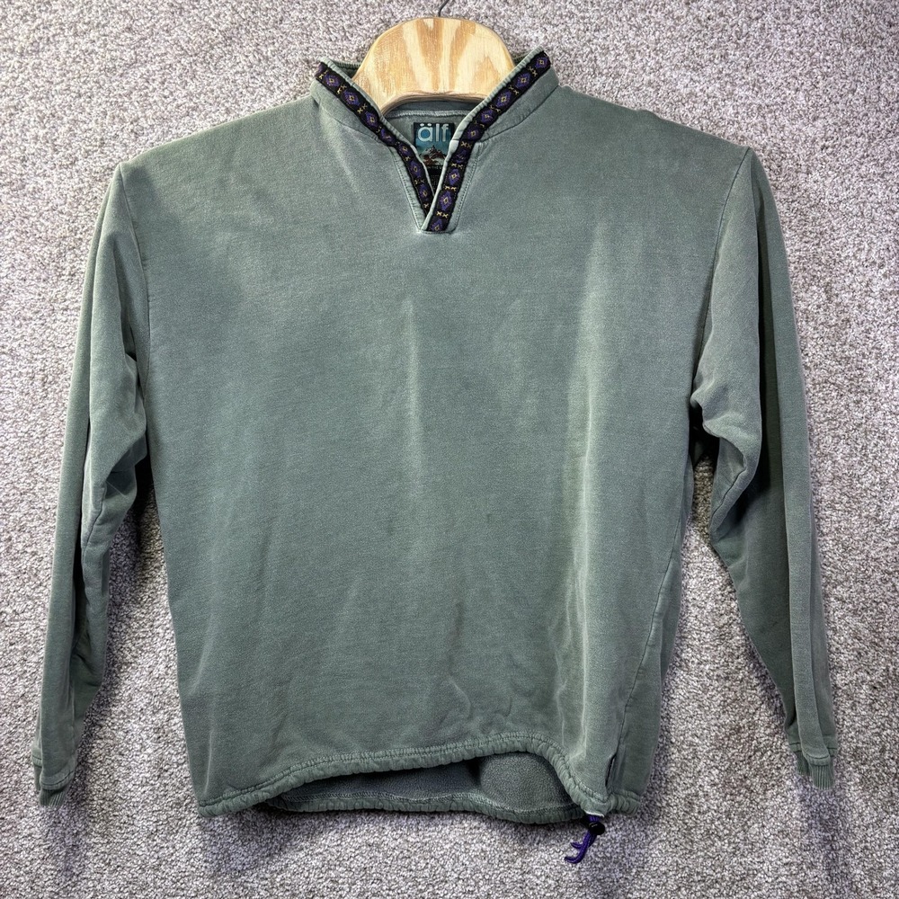 Älf Sweatshirt Mens XL Green Cotton Fleece V-Neck Pullover Drawstring Hem USA